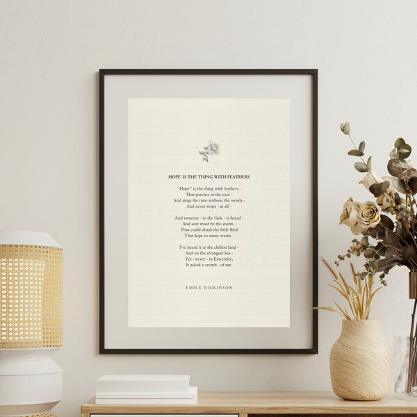 Emily Dickinson "Hope Is The Thing With Feathers", Poetry Print, Prints For Framing, Book Gift, Bedroom Decor Art, Quote Printed Poster