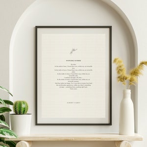 Albert Camus "Invincible Summer", Poem Prints, Book Quotes, Gift For Writers, Minimalistic Poster For Framing, Literary Prints