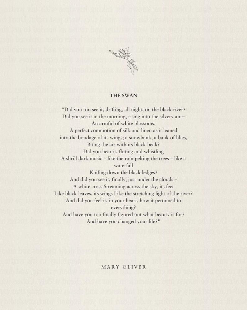 Mary Oliver the Swan, Poem Prints, Book Quotes, Gift for Writers