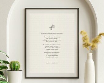 Emily Dickinson "Hope Is The Thing With Feathers", Poetry Print, Prints For Framing, Book Gift, Bedroom Decor Art, Quote Printed Poster