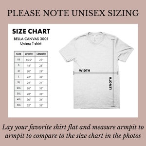 Op de afbeelding: Maattabel voor Bella Canvas 3001 unisex T-shirts. De tabel toont de breedte- en lengtemaat in inches voor maten XS tot 5XL.