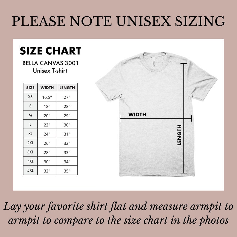 Op de afbeelding: Maattabel voor Bella Canvas 3001 unisex T-shirts. De tabel toont de breedte- en lengtemaat in inches voor maten XS tot 5XL.