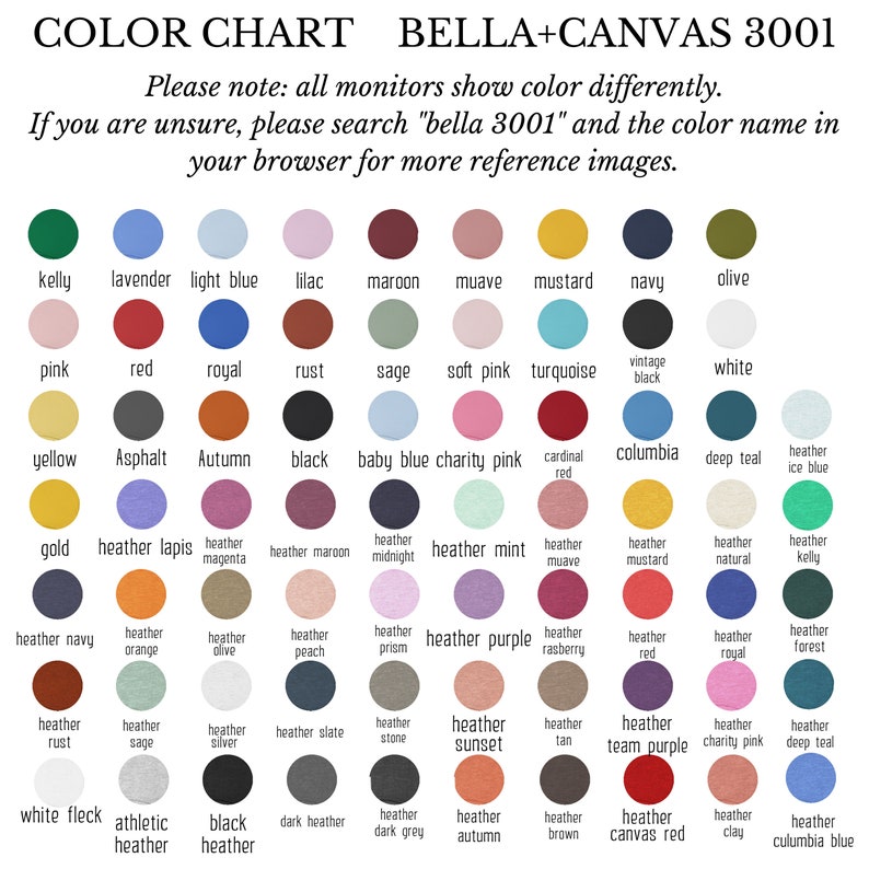 Op de afbeelding: Kleurenkaart voor Bella + Canvas 3001 T-shirts, met een verscheidenheid aan kleuren, waaronder kellygroen, lavendel, lichtblauw, lila, donkerrood, mauve, mosterd, marineblauw, olijf, roze, rood, koninklijkblauw, roest, salie, zacht roze, turquoise, vintage zwart, wit, geel, asfalt, herfst, zwart, babyblauw, liefdadig roze, kardinale rood, columbia, donkerblauw, ijsblauw, goud, heather lapis, heather magenta, heather maroon, heather midnight, heather mint, heather mauve, heather mustard, heather natural, heather kelly, heather navy, heather orange, heather olive, heather peach, heather prism, heather purple, heather raspberry, heather red, heather royal, heather forest, heather rust, heather sage, heather silver, heather slate, heather stone, heather sunset, heather tan, heather team purple, heather charity pink, heather deep teal, wit vlek, athletic heather, black heather, dark heather, heather dark grey, heather autumn, heather brown, heather canvas red, heather clay, heather columbia blue.