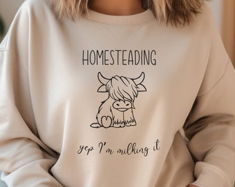 Sudadera Homestead Highland, linda camiseta familiar de granja, camiseta de agricultura, sudadera de vaquera occidental, divertido regalo de vaca, camiseta de vaca, vaquera de moda,