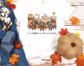 Funny Dachshund and Coffee Tshirt, Cute Dog lover coffee weather lover gift, fall weather dog shirt Unique Dog Owner Gift, wiener dog gift