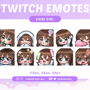 Cute Chibi Girl Emote Set for Twitch / Discord | Dark Brown Hair with Bangs | Light Skin | Black Eyes | Kawaii