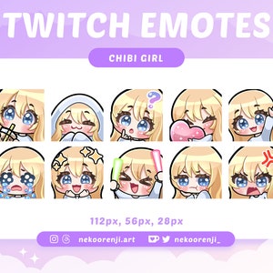 Cute Chibi Girl Emote Set for Twitch / Discord | Blonde Hair with Bangs | Light Skin | Blue Eyes | Kawaii