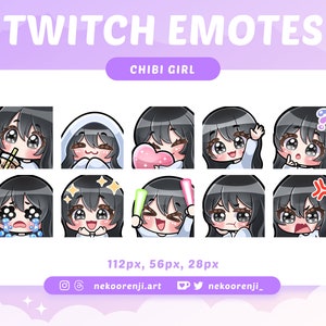 Twitch / Discord 用のかわいいちびガール エモート セット | 前髪ありの黒髪 | 明るい肌 | 黒い目 | かわいい