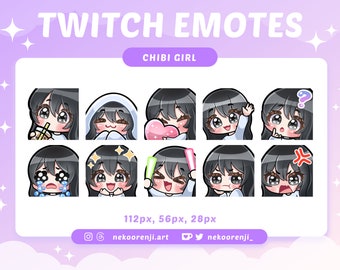 Niedliches Chibi Girl Emote Set für Twitch / Discord | Schwarzes Haar mit Pony | Helle Haut | Schwarze Augen | Süß
