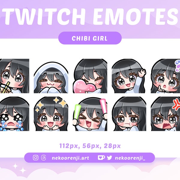 Zestaw emotek uroczej dziewczyny Chibi na Twitch / Discord | Czarne włosy z grzywką | Jasna skóra | Czarne Oczy | Kawaii