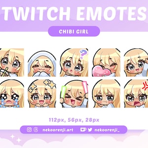 Cute Chibi Girl Emote Pack for Twitch / Discord | Blonde Hair with Bangs | Ivory Skin | Black Eyes | Kawaii