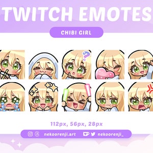 Cute Chibi Girl Emote Pack for Twitch / Discord | Blonde Hair with Bangs | Ivory Skin | Green Eyes | Kawaii