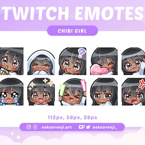 Cute Chibi Girl Emote Pack for Twitch / Discord | Black Hair with Bangs | Dark Skin | Black Eyes | Kawaii