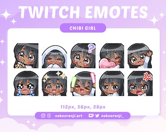 Pack de gestos de chica chibi adorable para Twitch/Discord: cabello negro con flequillo, piel oscura, ojos negros y kawaii.