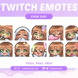 Cute Chibi Girl Emote Pack for Twitch / Discord | Light Brown Hair with Bangs | Ivory Skin | Green Eyes | Kawaii