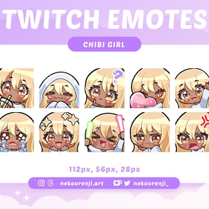 Cute Chibi Girl Emote Pack for Twitch / Discord | Blonde Hair with Bangs | Dark Skin | Brown Eyes | Kawaii