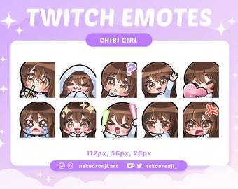 Twitch / Discord用かわいいちびガールエモートセット | 前髪ありダークブラウンヘア | 明るい肌 | 茶色の目 | かわいい