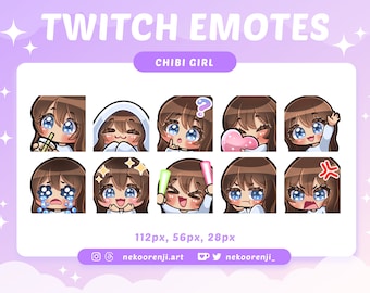 Pacote de emotes de garota chibi fofa para Twitch/Discord | Pele escura, cabelo com franja | Pele marfim | Olhos azuis | Kawaii