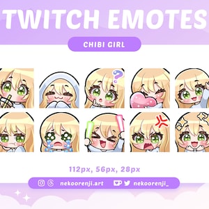 Cute Chibi Girl Emote Set for Twitch / Discord | Blonde Hair with Bangs | Light Skin | Green Eyes | Kawaii