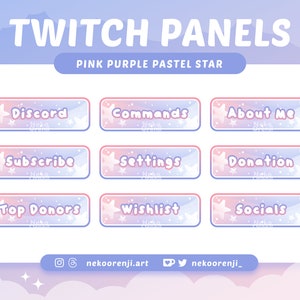 May include: Nine pastel pink and purple Twitch panels with white stars and text. The panels are labeled "Discord", "Subscribe", "Top Donors", "Commands", "Settings", "Wishlist", "About Me", "Donation", and "Socials".