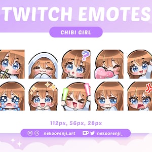 Mignon Chibi Girl Emote Set pour Twitch / Discord | Cheveux châtain clair avec une frange | Peau claire | Yeux bleus | Kawaii