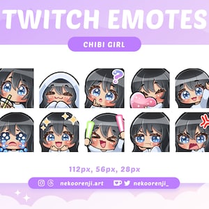 Twitch / Discord 用のかわいいちびガール エモート パック | 前髪ありの黒髪 | 象牙色の肌 | 青い目 | かわいい