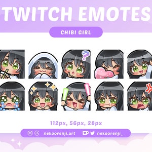 Cute Chibi Girl Emote Set for Twitch / Discord | Black Hair with Bangs | Ivory Skin | Green Eyes | Kawaii