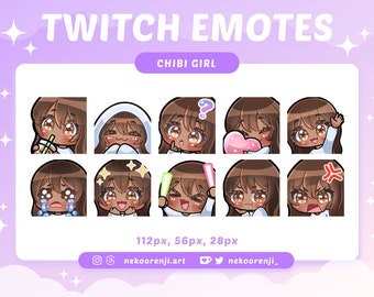 Twitch / Discord用のかわいいちびガールエモートセット | 前髪のあるダークブラウンの髪 | ダークスキン | ブラウンの目 | かわいい