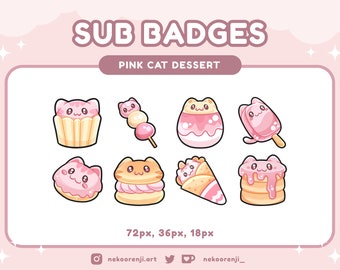 Puede incluir: Nueve ilustraciones de postres con temática de gatos rosas y amarillos. Las ilustraciones incluyen una magdalena, dango, pastel, paleta de hielo, dona, galleta, crepa y un pastel de capas. El texto "SUB BADGES" está en la parte superior de la imagen y "PINK CAT DESSERT" está debajo. El texto "72px, 36px, 18px" está en la parte inferior de la imagen.