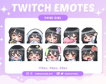 Conjunto de gestos de chica chibi para Twitch/Discord: cabello negro con flequillo, piel clara, ojos marrones y kawaii.