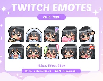 Conjunto de gestos de chica chibi para Twitch/Discord: cabello negro con flequillo, piel color caramelo, ojos negros y kawaii.