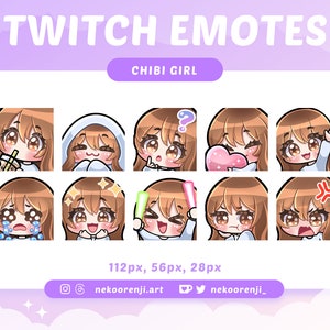 Süßes Chibi Girl Emote Set für Twitch / Discord | Hellbraune Haare mit Pony | Helle Haut | Braune Augen | Kawaii