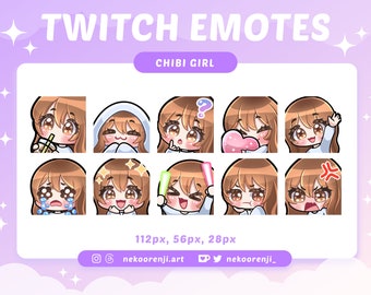 Twitch / Discord用かわいいちびガールエモートセット | 明るい茶色の髪と前髪 | 明るい肌 | 茶色の目 | かわいい