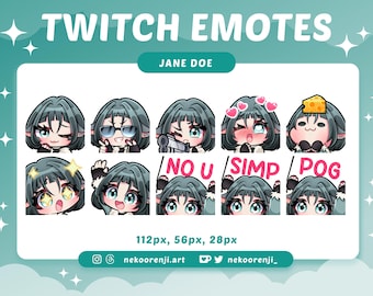 Pode incluir: Um conjunto de nove emotes do Twitch com um personagem de desenho animado com diferentes expressões. Os emotes incluem "NO U", "SIMP" e "POG".