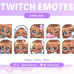 Cute Chibi Girl Emote Pack for Twitch / Discord | Light Brown Hair with Bangs | Dark Skin | Black Eyes | Kawaii