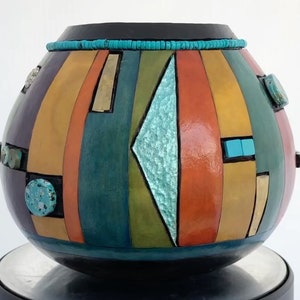 Blue Beaded Mixed Media Gourd Bowl