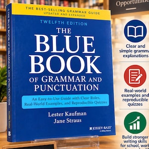 Peut inclure: The Blue Book of Grammar and Punctuation, douzième édition, par Lester Kaufman et Jane Straus. Un manuel bleu avec du texte blanc, une bannière jaune, le logo Jossey-Bass et trois exemplaires empilés du même livre sur une surface en bois.
