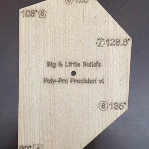 May include: A wooden template with eight numbered angles, labeled with degrees. The template is for use in woodworking and construction projects. The text "Big & Little Build's Poly-Pro Precision v1" is printed on the template.