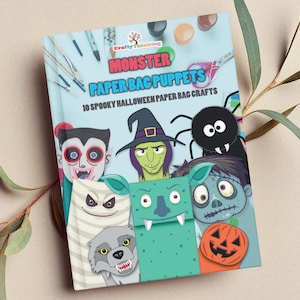 May include: A book cover with the title "Monster Paper Bag Puppets" and the subtitle "10 Spooky Halloween Paper Bag Crafts". The cover features colorful illustrations of various Halloween monsters, including a vampire, witch, zombie, werewolf, and spider.