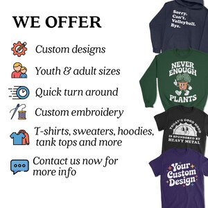 The image is a collage of three t-shirt designs, each with different text and graphics, along with a text box containing information about the t-shirt designs.