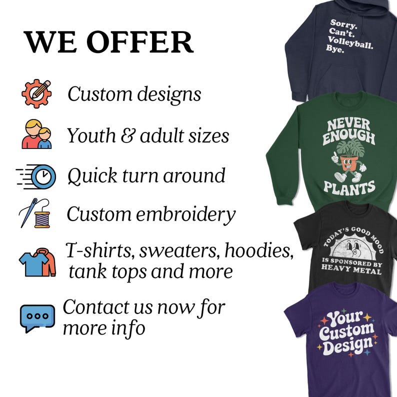 The image is a collage of three t-shirt designs, each with different text and graphics, along with a text box containing information about the t-shirt designs.