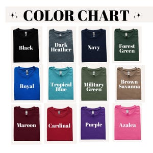 a color chart with various t-shirt designs and their corresponding colors.