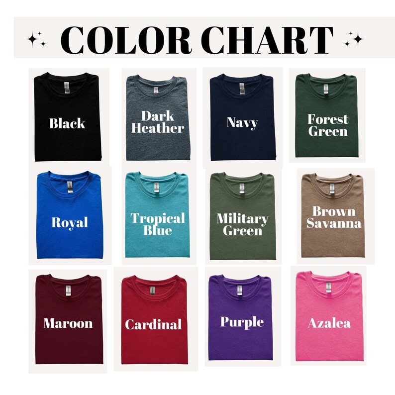 a color chart with various t-shirt designs and their corresponding colors.
