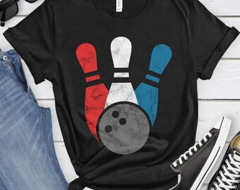 Bowling Pins Shirt, Bowling Tee, Bowling Gift, Bowling Balls and Pins T-shirt for Men or Women, Red White and Blue Bowling Shirt