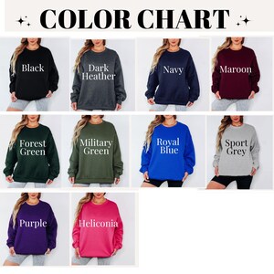 The image is a color chart displaying various sweater colors, including black, dark gray, navy, maroon, forest green, military green, royal blue, sport grey, purple, and helicolonia.