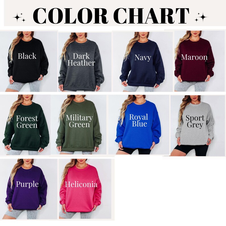 The image is a color chart displaying various sweater colors, including black, dark gray, navy, maroon, forest green, military green, royal blue, sport grey, purple, and helicolonia.