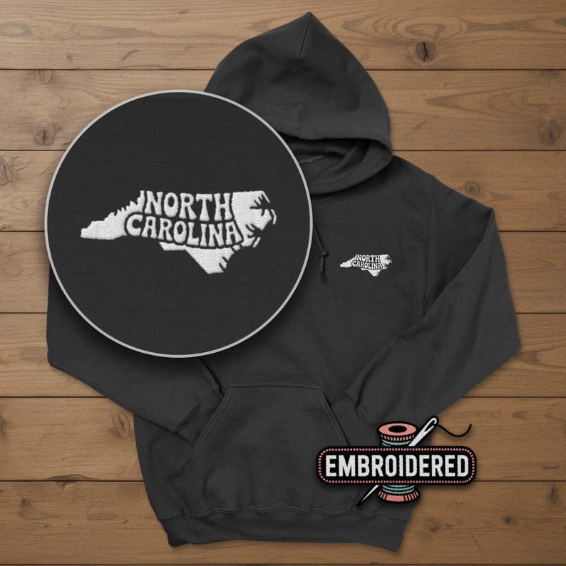 North Carolina Embroidered Hoodie, Adult Unisex Men's or Women's North Carolina Hoodies, NC Gift image 1