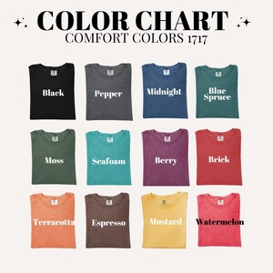 a color chart with various comfort colors, including black, pepper, midnight blue, blue spruce, moss, seaweed, berry, brick, terracotta, espresso, mustard, and watermelon.