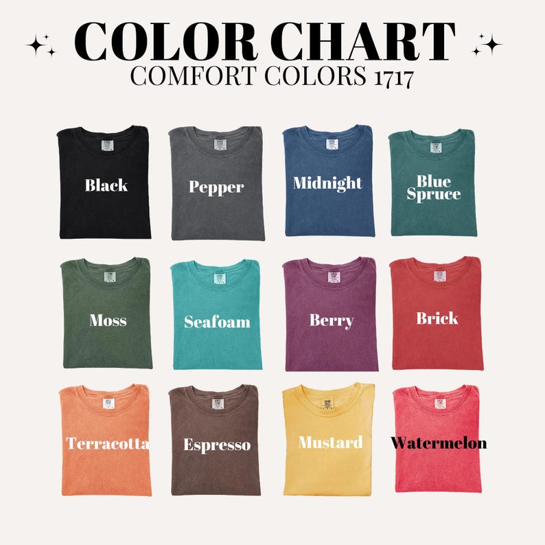 a color chart with various comfort colors, including black, pepper, midnight blue, blue spruce, moss, seaweed, berry, brick, terracotta, espresso, mustard, and watermelon.