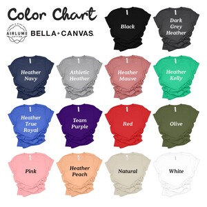 May include: Color chart showing 14 different Bella + Canvas t-shirt colors. The colors include black, dark grey heather, heather navy, athletic heather, heather mauve, heather kelly, heather true royal, team purple, red, olive, pink, heather peach, natural, and white.